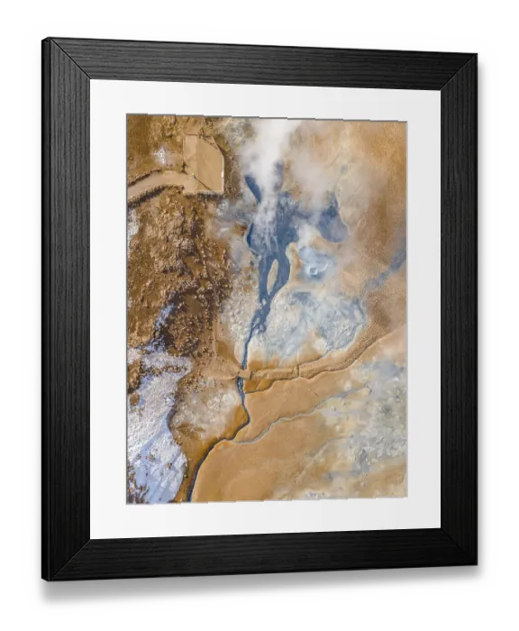Framed Print : Aerial view, steaming river and fumaroles Framed Print : Aerial view, steaming river and fumaroles