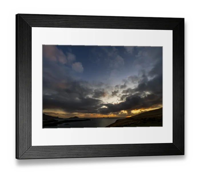 Framed Print : Seashore with the mountain peaks of the Skelligs in the background and dramatic cloudy sky