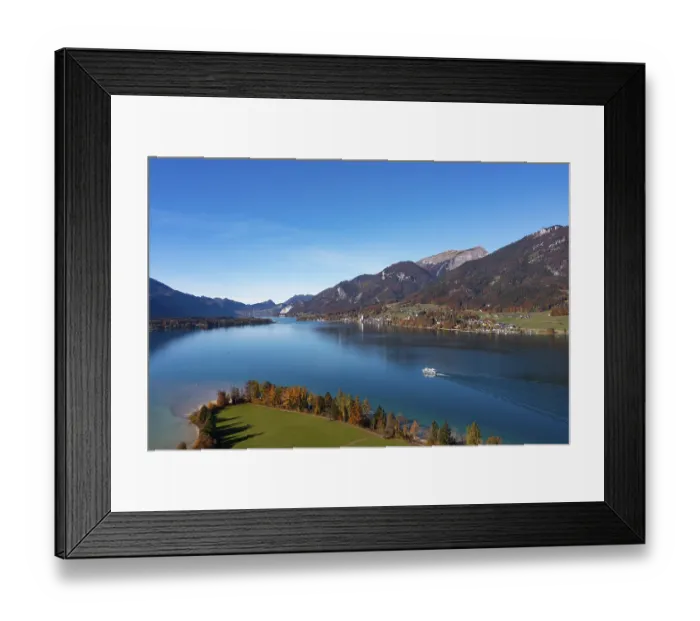 Framed Print : Drone shot, view from Strobl to Sankt Wolfgang am Wolfgangsee with Schafberg