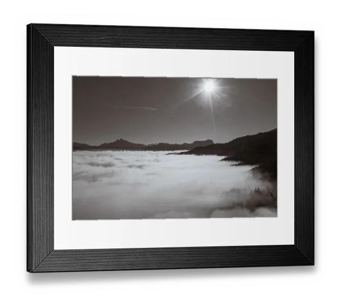 Framed Print : Sepia colours, Schafberg and Drachenwand rise out of the sea of fog
