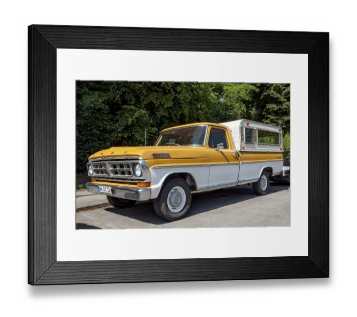 Framed Print : Oldtimer Ford F100 Styleside Sport Custom pickup truck with camping body