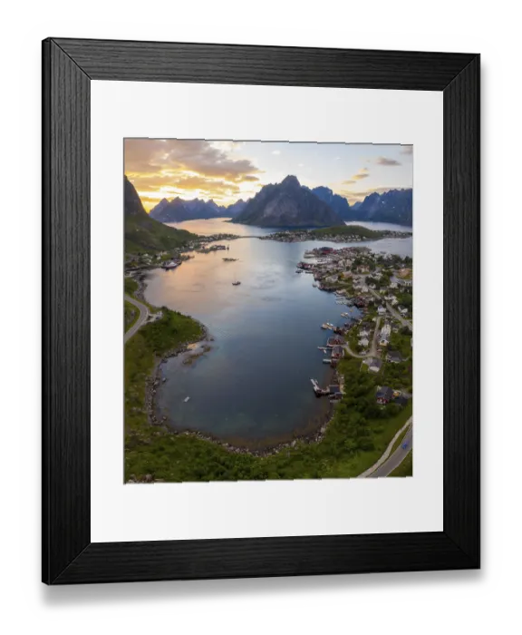 Framed Print : Aerial view, sunset at Reinefjord with mountains