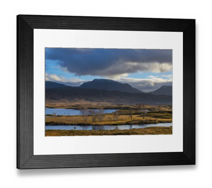 Framed Print : Moor landscape with cloudy sky and mountains in the background