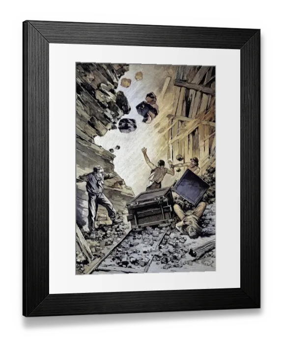 Framed Print : A pit, miners are seriously injured or killed by falling rocks