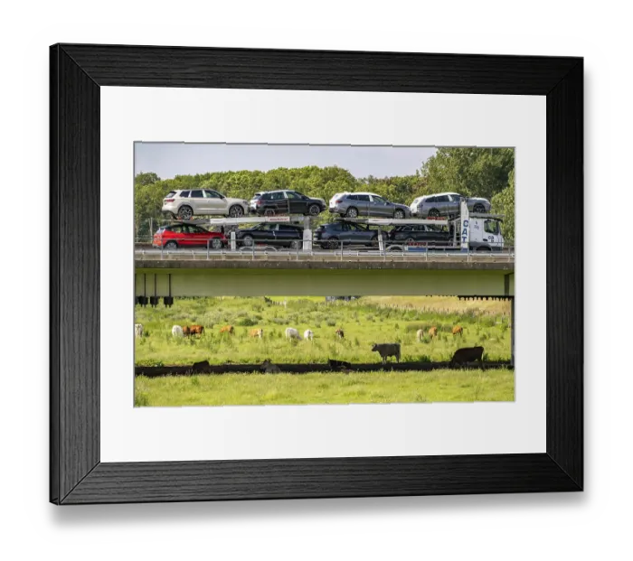 Framed Print : Lorry on the A40 motorway, bridge over the Ruhr and Styrumer Ruhrauen Framed Print : Lorry on the A40 motorway, bridge over the Ruhr and Styrumer Ruhrauen