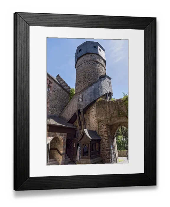 Framed Print : Old neo-renaissance castle, castle courtyard with fountain and stairway to the Heidenturm