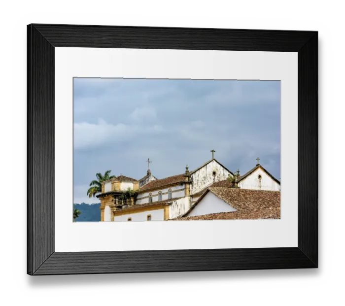 Framed Print : Back view of old colonial style church and roofs in the historic center of Paraty in overcast day Framed Print : Back view of old colonial style church and roofs in the historic center of Paraty in overcast day