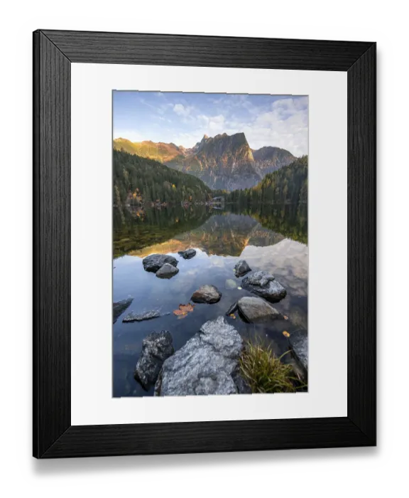 Framed Print : Mountain peaks of the Oetztal Alps reflected in Lake Piburger See