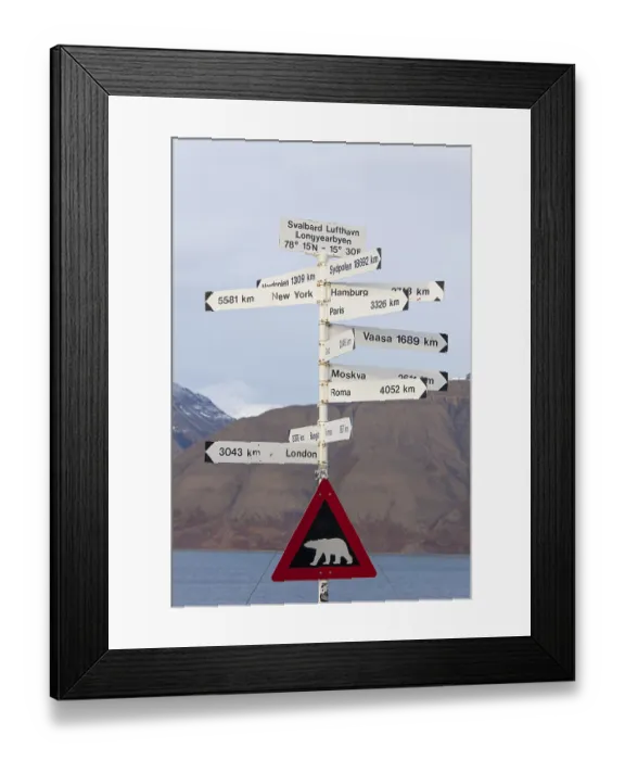 Framed Print : Signpost and Polar Bear Warning Sign on Spitsbergen