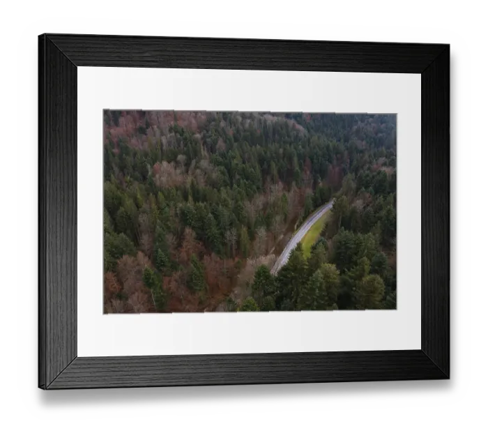 Framed Print : Drone shot, Wangauer Ache with federal road and autumnal mixed forest from above