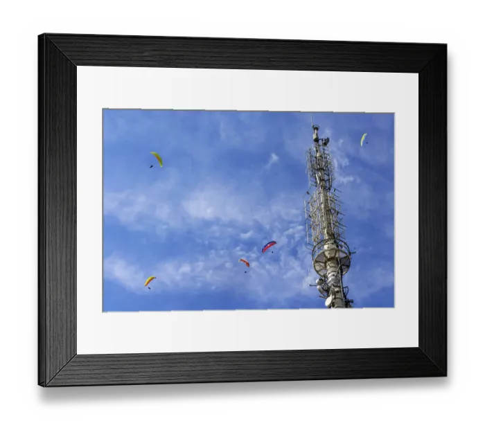 Framed Print : Paragliders flying over Mount Mercury with transmitter mast in Baden-Baden