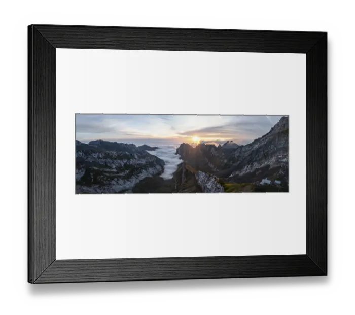 Framed Print : View over Saentis mountains into the valley of Meglisalp at sunrise