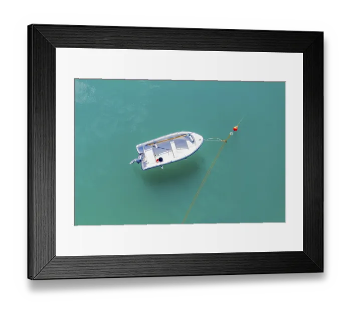 Framed Print : Aerial view of an anchored leisure boat in the Sognefjord Framed Print : Aerial view of an anchored leisure boat in the Sognefjord
