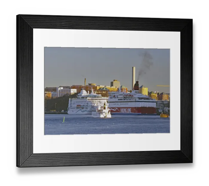 Framed Print : Ferries to Finland and the Baltic States in the harbour with the city skyline as a backdrop