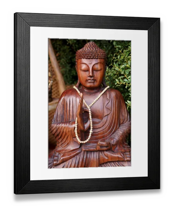 Framed Print : Buddha figure wearing a necklace at a garden exhibition Framed Print : Buddha figure wearing a necklace at a garden exhibition