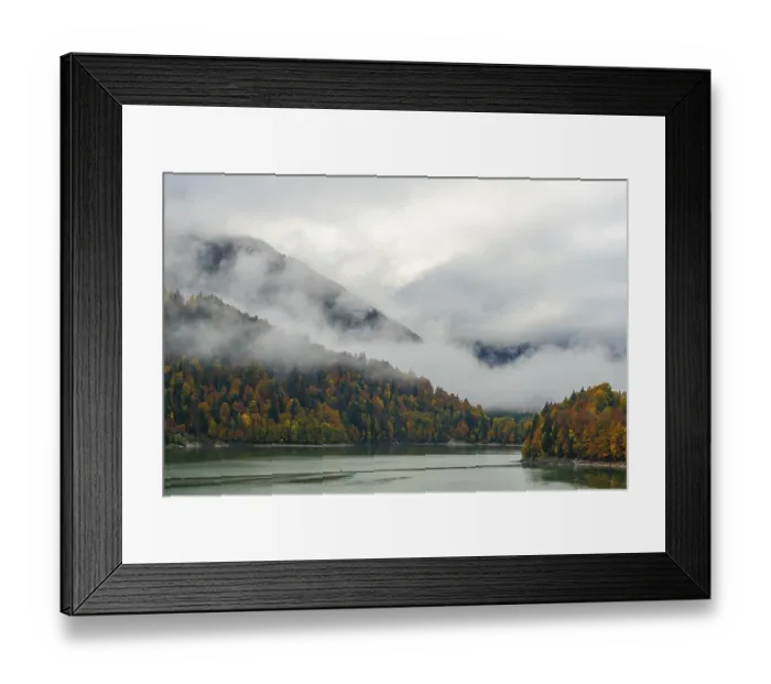 Framed Print : Sylvenstein Speicher with autumn forest in the mist