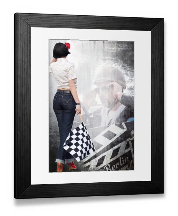Framed Print : Composite image, montage, with starter girl and driver at a vintage car event
