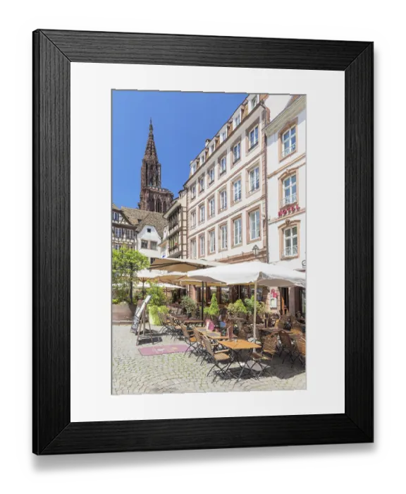 Framed Print : Street cafes in the old town with view of the cathedral