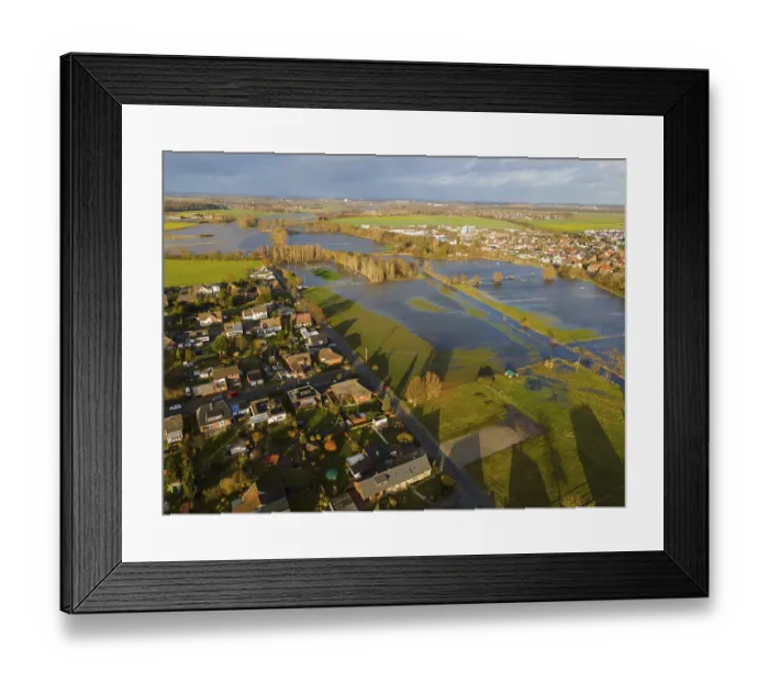 Framed Print : Aerial view of residential area next to lakes due to flooding Framed Print : Aerial view of residential area next to lakes due to flooding