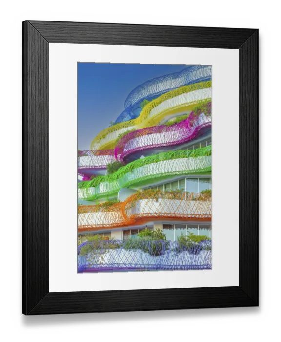 Framed Print : Modern apartment building with colourful balcony decorations