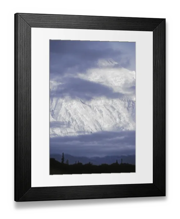 Framed Print : Snow covered mountain slope of Mount McKinley with silhouetted trees