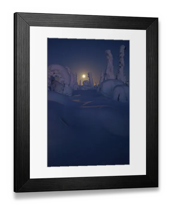 Framed Print : Snowy landscape with full moon