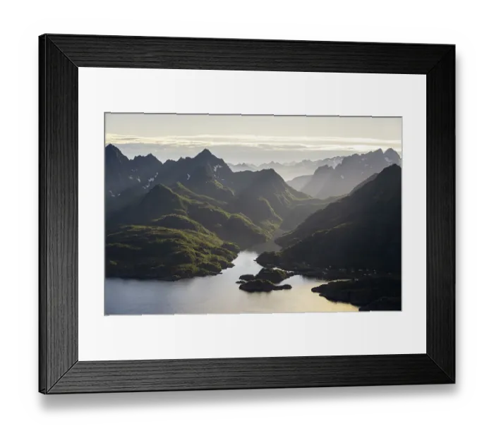 Framed Print : Mountains and fjord landscape with atmospheric evening light