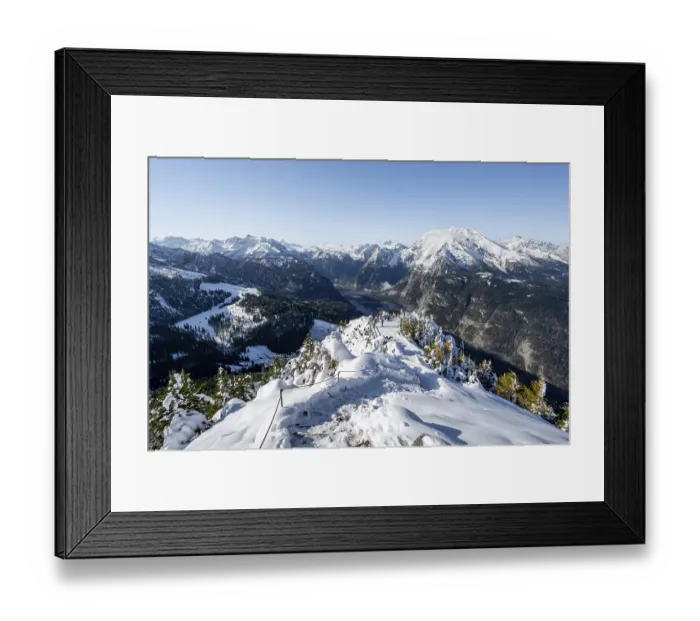 Framed Print : Hiking trail on the snow-covered summit of the Jenner with viewing platform in autumn