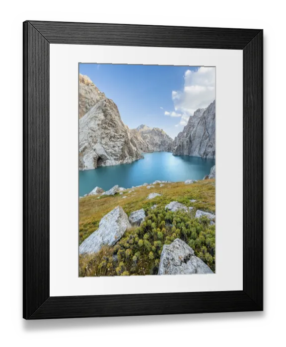 Framed Print : Turquoise mountain lake Kol Suu with rocky steep mountains Framed Print : Turquoise mountain lake Kol Suu with rocky steep mountains