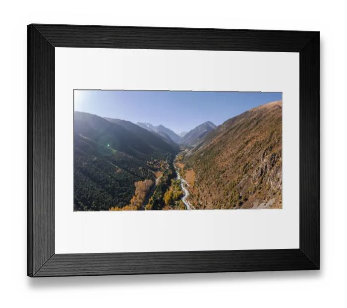 Framed Print : Aerial view, mountain stream Ala Archa flows through the Ala Archa valley Framed Print : Aerial view, mountain stream Ala Archa flows through the Ala Archa valley