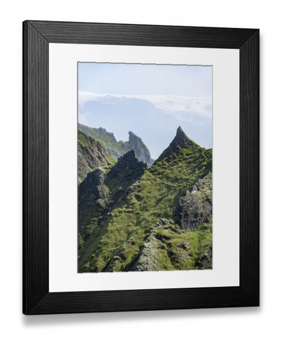 Framed Print : Pointed green mountain peaks on the ridge of Tindfjoell