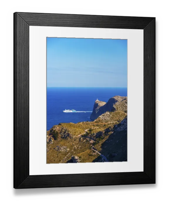 Framed Print : Ferry with road to the lighthouse at Cap de Formentor Framed Print : Ferry with road to the lighthouse at Cap de Formentor