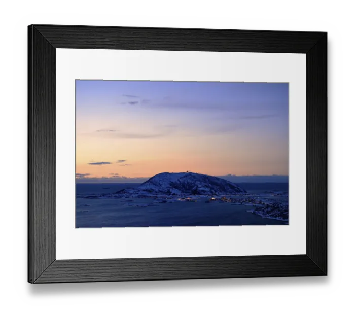 Framed Print : Fjord with mountains in winter at sunset Framed Print : Fjord with mountains in winter at sunset