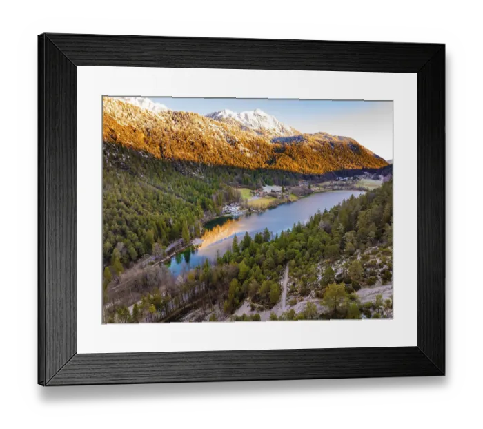 Framed Print : Late evening view of a lake with autumnal trees and a mountain Framed Print : Late evening view of a lake with autumnal trees and a mountain