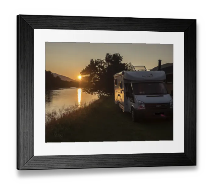 Framed Print : Camper van parked for the night at river bank of river Lagen Framed Print : Camper van parked for the night at river bank of river Lagen