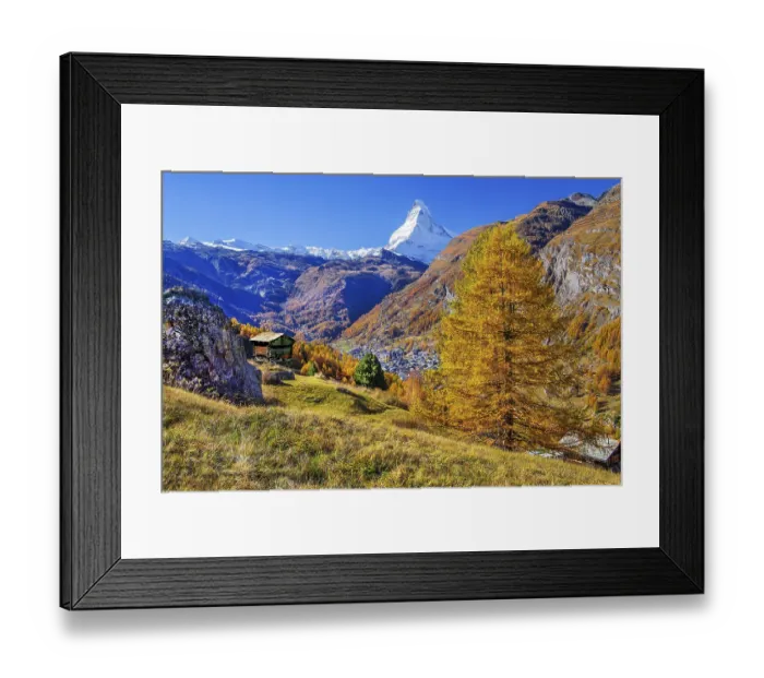 Framed Print : View from the hamlet of Ried down into the valley to the village and the Matterhorn 4478m in autumn