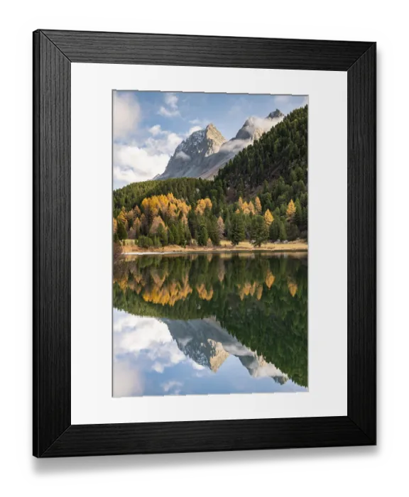 Framed Print : Mountains with autumn forest reflected in Lake Palpuogna Framed Print : Mountains with autumn forest reflected in Lake Palpuogna