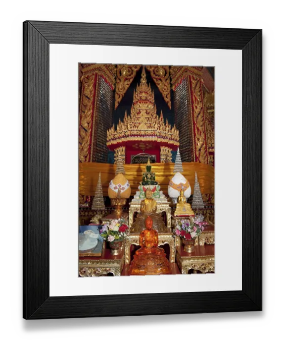 Framed Print : Worship room with Buddhist symbols and small statue of Buddha Framed Print : Worship room with Buddhist symbols and small statue of Buddha