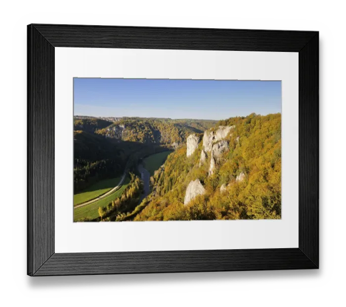 Framed Print : View of an autumn-coloured beech forest with distinctive limestone rocks in the Upper Danube Valley