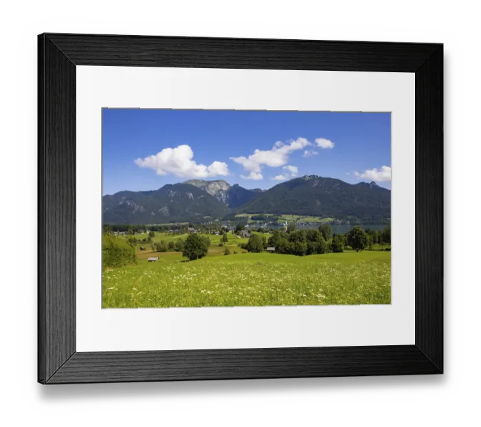 Framed Print : Drone shot, view from Abersee to Sankt Wolfgang with Schafberg Framed Print : Drone shot, view from Abersee to Sankt Wolfgang with Schafberg