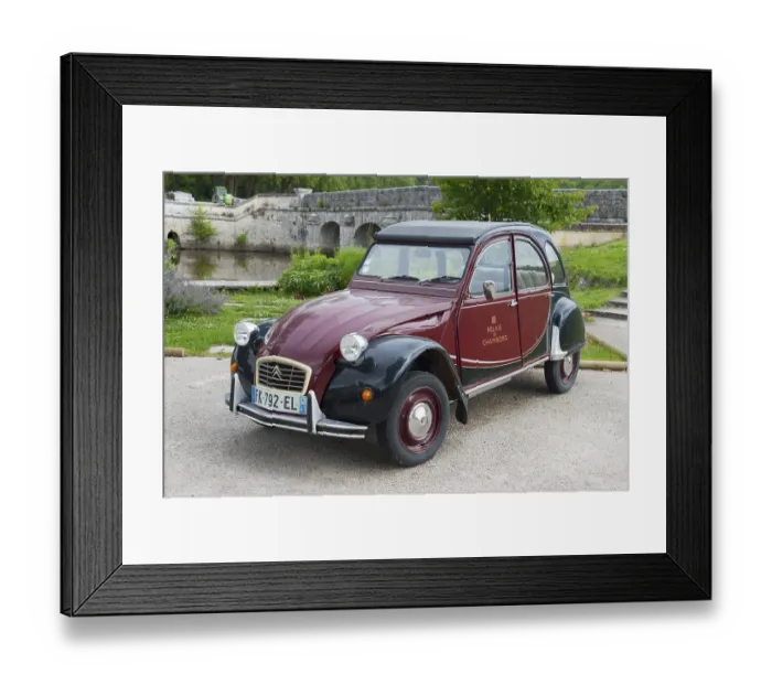 Framed Print : Retro Citroen 2CV vintage car in red and black Framed Print : Retro Citroen 2CV vintage car in red and black