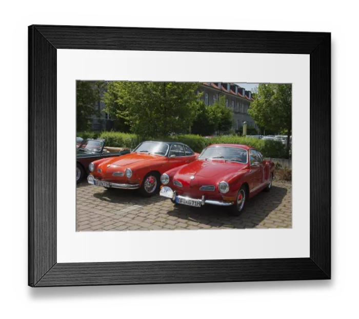 Framed Print : Two red Karmann Ghia vintage cars standing next to each other on a paved car park Framed Print : Two red Karmann Ghia vintage cars standing next to each other on a paved car park