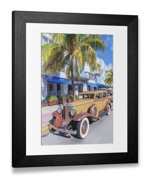 Framed Print : Classic vintage american car parked on Ocean drive