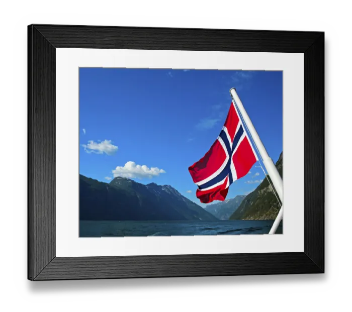 Framed Print : Norwegian national flag, ship in the Geiranger fjord Framed Print : Norwegian national flag, ship in the Geiranger fjord