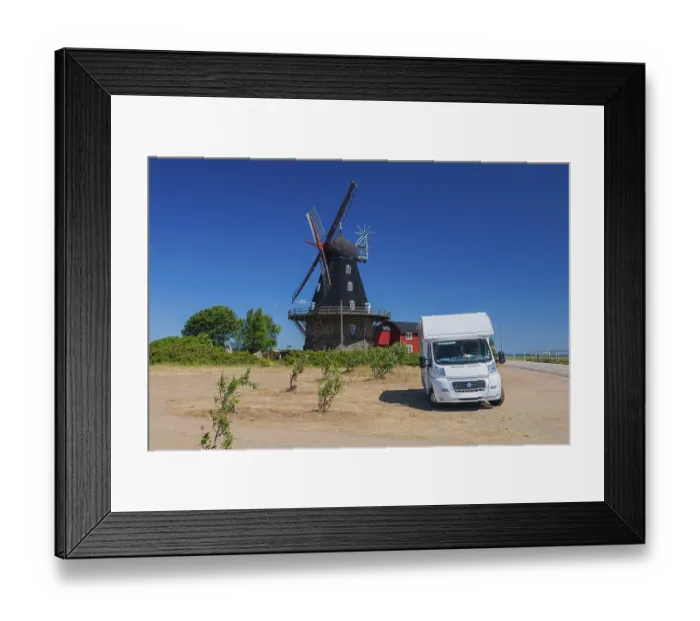 Framed Print : Historic windmill and Motorhome