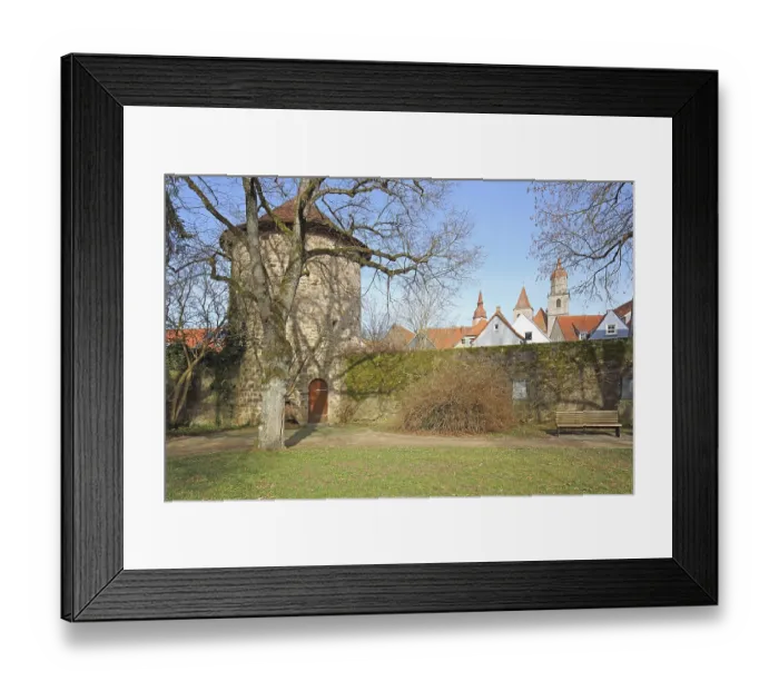 Framed Print : Historic defence defence tower with town wall and towers of collegiate church