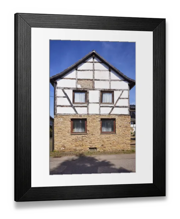 Framed Print : Half-timbered house on a sandstone plinth in the district of Pesch