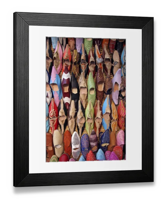 Framed Print : Colourful Moroccan mules, babouches at the market in Marrakech