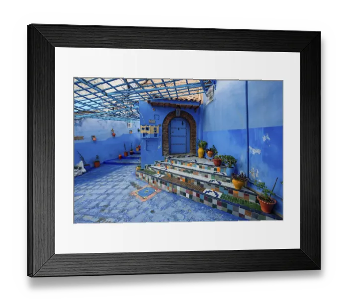 Framed Print : Colorfully tiled staircase with flower pots Framed Print : Colorfully tiled staircase with flower pots