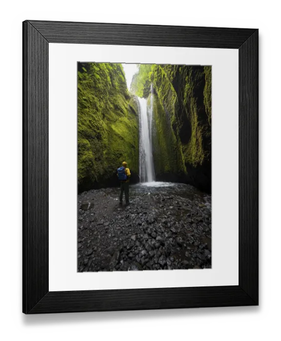 Framed Print : Hikers in front of waterfall, river in Nauthusagil Gorge
